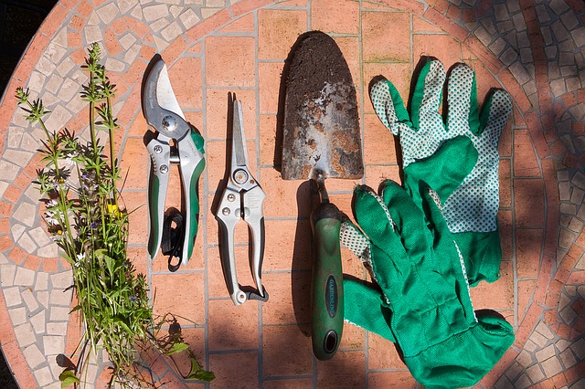 Zahradnické nůžky, lopatka, rukavice-ležící na trávě
