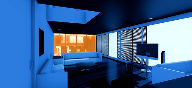modrý interiér